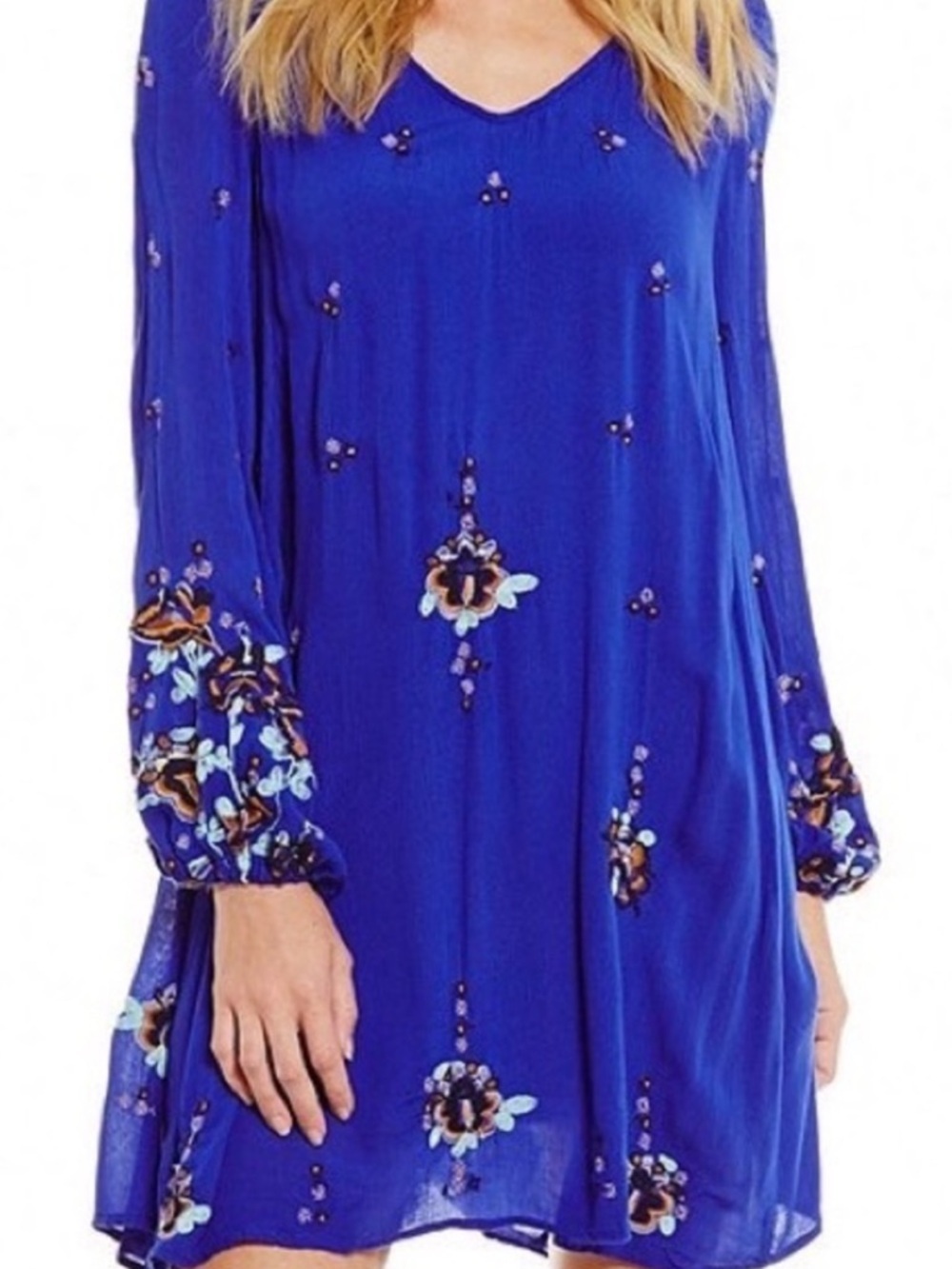 Free people blue Oxford embroidered dress, sz M, 21” PTP, 36” L